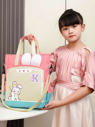 Canvas Material Color-block Little Bunny Designed Multi-pocket Children's Backpack, Can Be Used As Handbag And Shoulder Bag For Students