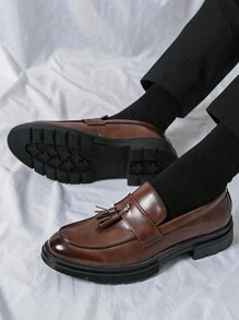 Men's Tassel Thick-soled Business Formal Pu Leather Shoes, Slip-on, Suitable For Groom Wedding And Hairstylist