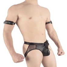 Calzón Suspensorio Con Brazaletes Sexy Vinipiel Y Mesh Cesar - Negro - Ver 4