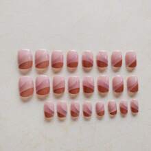 24 件短方形粉色和金色全覆盖假指甲套装，适合女士和女孩，适合日常佩戴或派对美甲，按压式指甲美甲用品，提升您的外观 - 粉色 - 查看 3