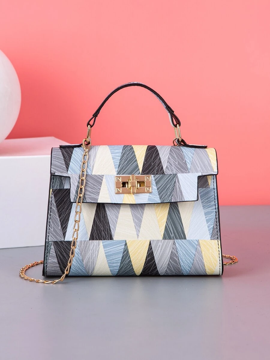 印花款式手柄小方鍊條斜背包,多色女士印花手拿包 - 彩色 - 查看 1