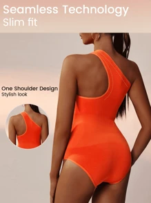 單肩無縫連身背心-三角形形狀連體緊身衣 - 橘色 - 查看 2