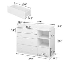 Large Modern Wood Nursery Storage Dresser Chest with Wide Table Top, 5 Drawers & 2 Shelves, Wide Storage Space Functional Organizer