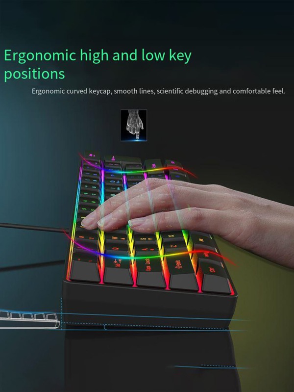1pc Black Wired Keyboard61 Keys RGB Lighting Backlit Ergonomic Keyboard
