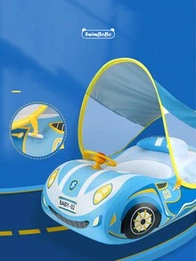 New Inflatable Car Seat Swimming Ring, Racing Style With Sun Shading Canopy And Horn, 1pc - Blue - View 4