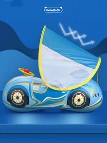 New Inflatable Car Seat Swimming Ring, Racing Style With Sun Shading Canopy And Horn, 1pc - Blue - View 3