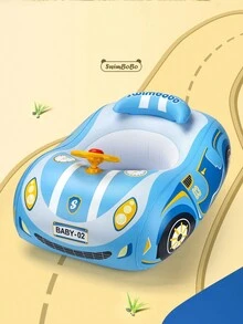 New Inflatable Car Seat Swimming Ring, Racing Style With Sun Shading Canopy And Horn, 1pc - Blue - View 5