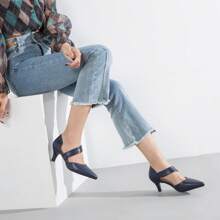 Women's Closed Pointed Toe Heels Strap D'Orsay Kitten Heel Slip On Dressy Pumps - Màu xanh hải quân - Xem 2