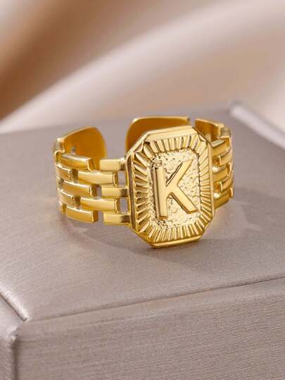 1pc Stainless Steel Letter Alphabet Ring With Chain For Men & Women, Couple Jewelry, Ideal For Birthday Gift