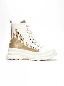 Women's  Rhinestone Flame High Top Lug Sneakers - Lug, Platform Round Toe Low Heel For Casual - Gold - View 4