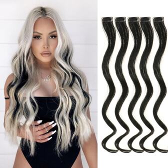5 Pcs Colored Hair Extensions Party Highlights, Curly Wavy Hairpiece Clip in Synthetic Streak for Kids Girls Women 17 inch