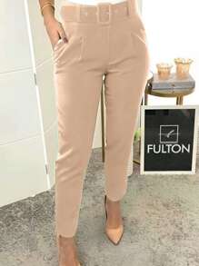 Calça Reta Feminina Alfaiataria com Bolso Social e Casual com Cinto - Caqui - Visão 5