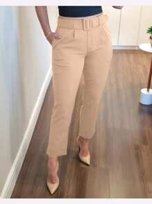 Calça Reta Feminina Alfaiataria com Bolso Social e Casual com Cinto - Caqui - Visão 7