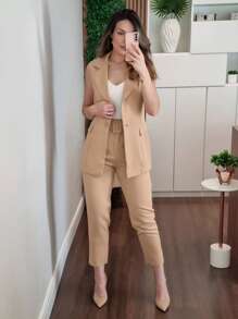 Calça Reta Feminina Alfaiataria com Bolso Social e Casual com Cinto - Caqui - Visão 1