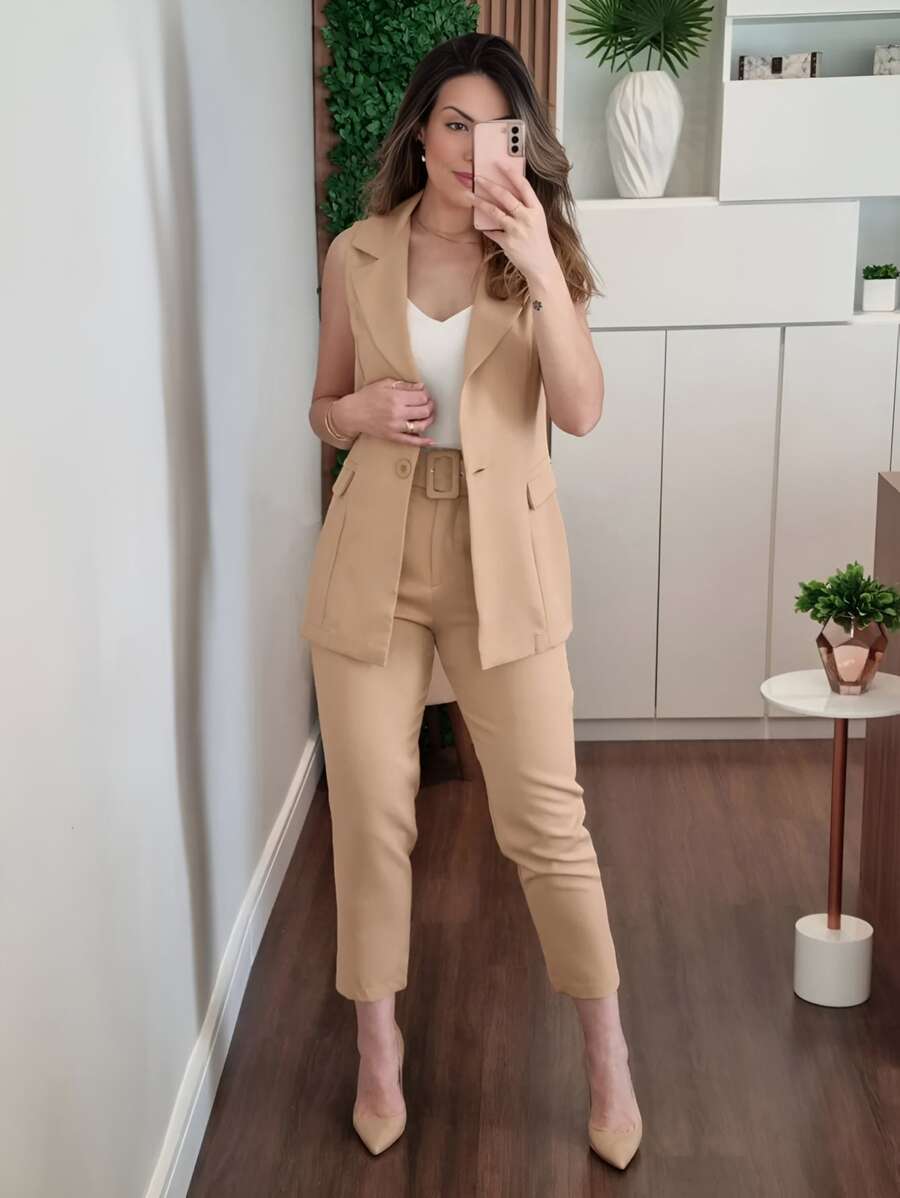 Calça Reta Feminina Alfaiataria com Bolso Social e Casual com Cinto - Caqui - Visão 1