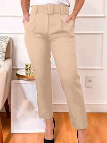 Calça Reta Feminina Alfaiataria com Bolso Social e Casual com Cinto - Caqui - Visão 2