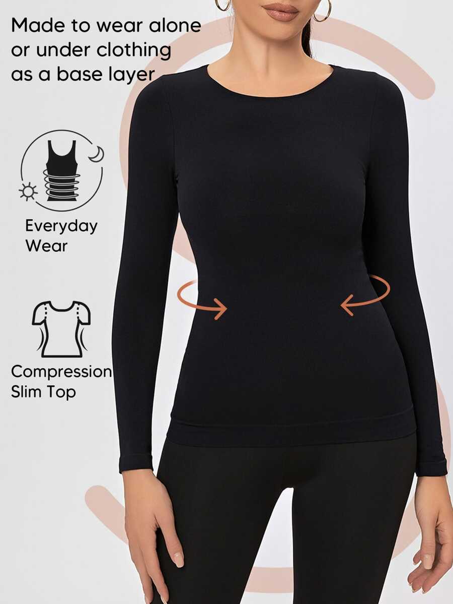 女款圓領長袖襯衫高彈性輕質打底純色修身上衣 - 黑色 - 查看 1