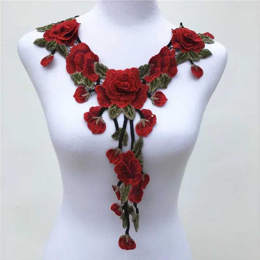 1pc Red Lace Flower Shape Embroidered Patch For Clothes Decoration, Neckline Repair And Patching Holes - Red - View 1
