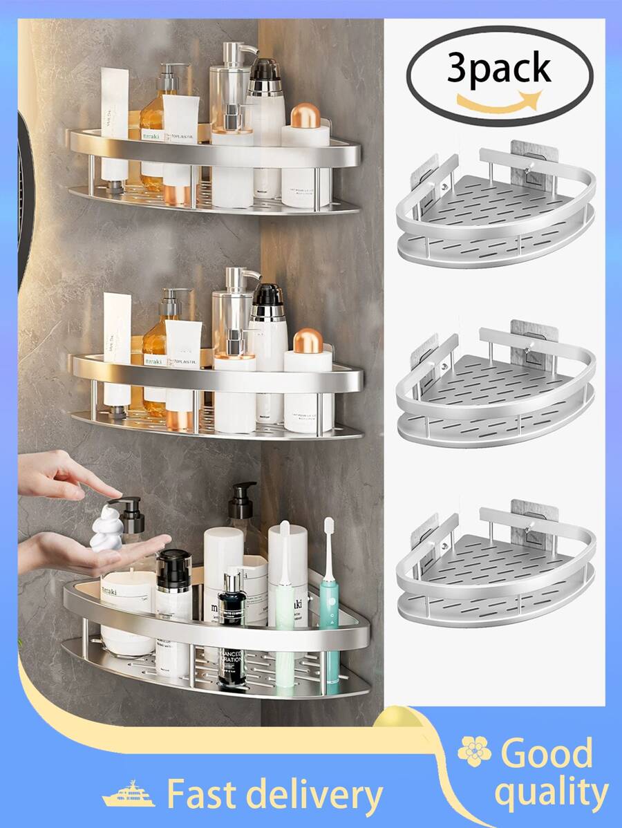 3pcs Silver Aluminum Bathroom Triangle Wall Mounted Storage Shelves, Shower Caddy - 銀色 - 查看 1