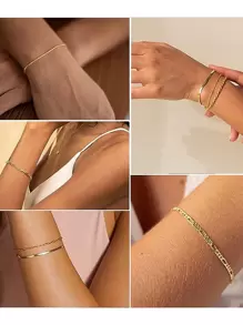 6 chiếc vòng tay chuỗi xương cá/rắn/ngọc trai mạ vàng 14K thời trang mới, chống nước, không đổi màu, phù hợp cho trang phục hàng ngày/dự tiệc của phụ nữ, trang phục đi biển, quà tặng - Vàng - Xem 3