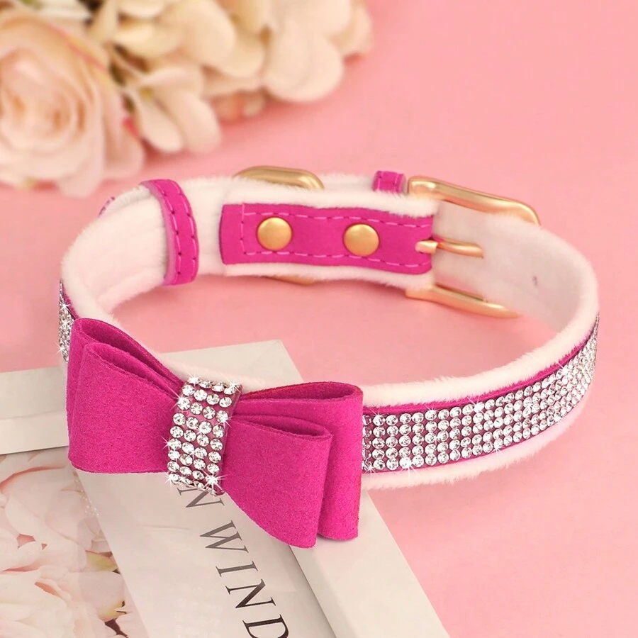 1pc Velvet Leather Rhinestone Decorated Dog Collar With Added Comfort And Bowknot - Hot Pink - View 1