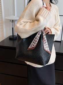 low tea 1pc Solid Color Pu Portable Magnet Closure Fashion Tote Bag Suitable For Women's Daily Use - Black - View 6