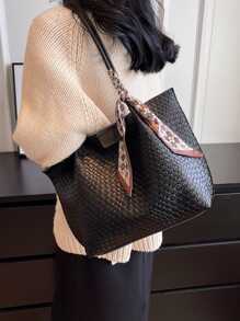 low tea 1pc Solid Color Pu Portable Magnet Closure Fashion Tote Bag Suitable For Women's Daily Use - Black - View 5