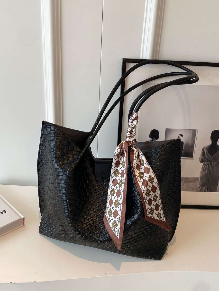 low tea 1pc Solid Color Pu Portable Magnet Closure Fashion Tote Bag Suitable For Women's Daily Use - Black - View 1