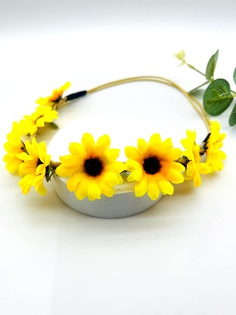 1 件儿童向日葵和森系甜美花冠，配有大号松紧带头带和编织花