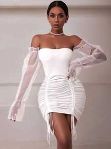 Vestido strapless con cintillas ajustable mangas estilo mesh - Blanco - Ver 4
