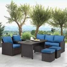 6 Pieces Patio Furniture Sets Clearance, Patio Dining Sofa Set Outdoor Sectional Sofa Conversation Set All Weather Wicker Rattan Couch Dining Table & Chair Blue - Blue - View 4