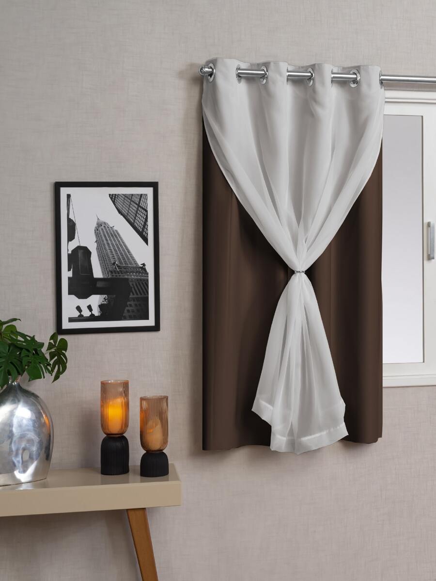 Cortina Para Sala Blackout com Voil Quarto Cozinha 1,40M x 1,30M Várias Cores - Marrom - Visão 1