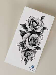 STARTTOOS 1pc Black Rose Flower & Leaf Pattern Large Temporary Tattoo Sticker For Chest, Back, Arm,Sketch Style - Black - View 5