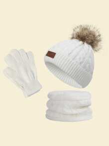 1 Set Of White Baby Winter Warm Thermal Lined Knitted Hat Scarf And Gloves Set With Double Pom-Poms For Daily Wear - White - View 2