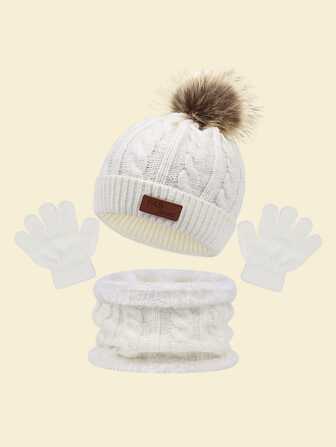1 Set aus weißem, winterwarmem, thermisch gefüttertem, gestricktem Hut, Schal und Handschuhen mit Doppelpompon für den täglichen Gebrauch