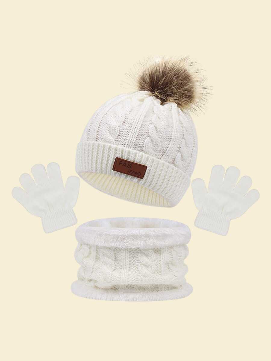 1 Set Of White Baby Winter Warm Thermal Lined Knitted Hat Scarf And Gloves Set With Double Pom-Poms For Daily Wear - White - View 1