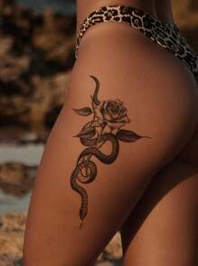 1張黑色大花蛇花紋暫時性紋身貼紙,可貼於手臂、胸部、腹部、背部、身體 - 黑色 - 查看 4