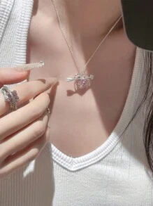 1pc Cute Pink Cupid Heart Necklace For Women, Spring - Pink - View 4