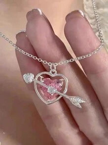 1pc Cute Pink Cupid Heart Necklace For Women, Spring - Pink - View 5