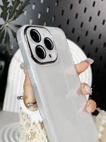 1pc White Electroplated Lens Frame Matte Solid Color Tpu Protective Case With Shock Absorption And Finger Ring Strap Compatible With iPhone 15/15Pro