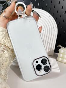1pc White Electroplated Lens Frame Matte Solid Color Tpu Protective Case With Shock Absorption And Finger Ring Strap Compatible With iPhone 15/15Pro