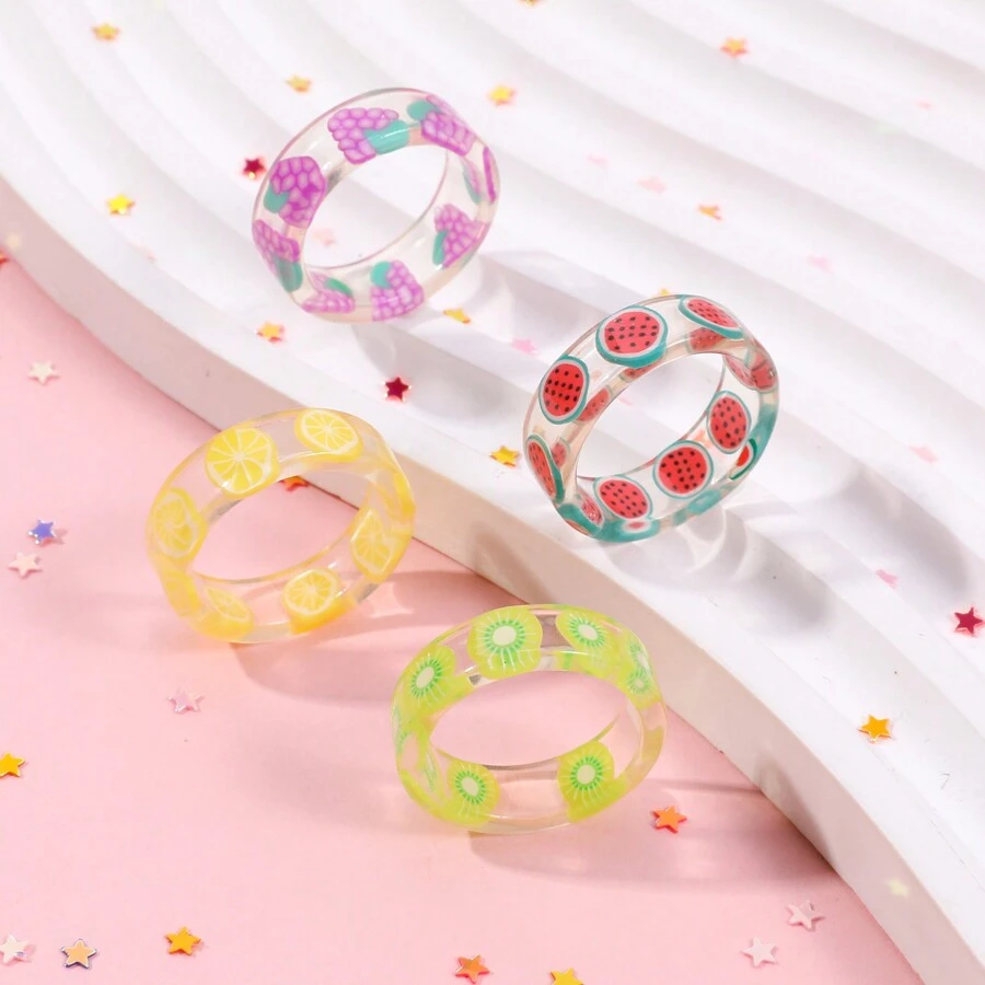 4 Piezas Set De Anillos De Acrílico En Forma De Frutas Para Niños - Multicolor - Ver 1
