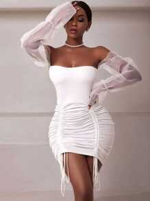 Vestido strapless con cintillas ajustable mangas estilo mesh - Blanco - Ver 1