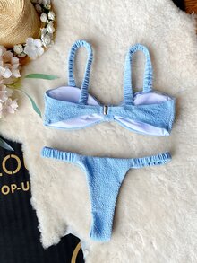 Bikini a due pezzi, dolce e semplice, di stile fresco, con ampi spalti, senza supporto in acciaio e slip a T-back sexy, ottimo per vacanze in spiaggia e terme