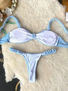 Bikini a due pezzi, dolce e semplice, di stile fresco, con ampi spalti, senza supporto in acciaio e slip a T-back sexy, ottimo per vacanze in spiaggia e terme
