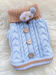 1pc Pet Clothes Dog Cat Apparel Winter Sweater With Cute Twisted Button, Warm & Soft & Comfortable - Blue - Blue - View 3
