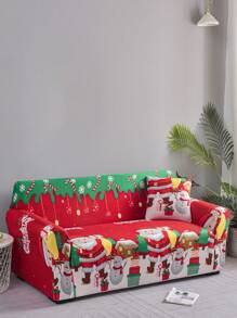 聖誕老人全覆蓋彈性紗和絲綢沙發套,具防污和印花設計1件+ 42 * 42cm枕套1件 - 紅色 - 查看 2