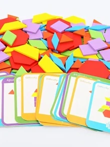 155件木製拼圖塊套裝 - 幾何形狀拼圖玩具,提供嬰兒啟蒙,蒙特梭利益智玩具和24張卡片 - 彩色 - 查看 3