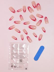 VV MEI JIA ER 24入組法式尖頭按壓式假指甲-紅色法式和粉紅色火焰設計軟凝膠假法式指甲,沙龍式按壓式假指甲中號杏仁形虛無淡化,無痕膠假指甲為女性美甲修指甲,法國女孩用,附1張膠帶和1個指甲文件 - 粉色 - 查看 5