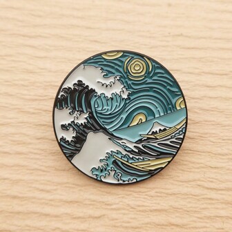 1pc Sea Wave Brooch Enamel Lapel Pin Hat Bag Shirt Badge Jewelry Gift Zinc Alloy Metal Black Plated